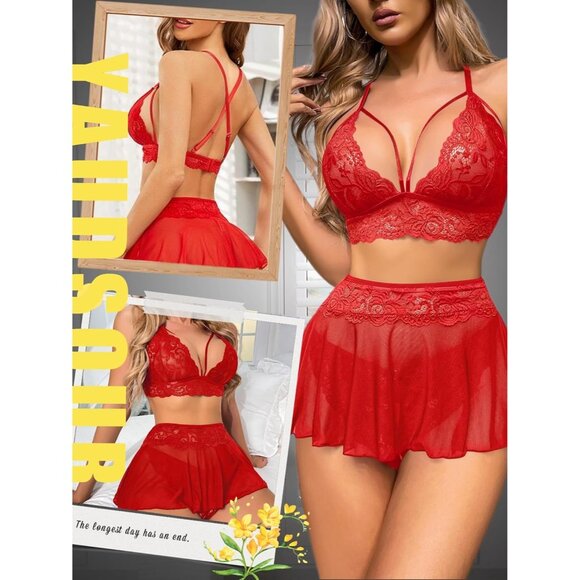 Sexy Lingerie for Women 3 Piece Lace Bra Panty Set Strappy Lingerie with Skirt - Picture 4 of 6